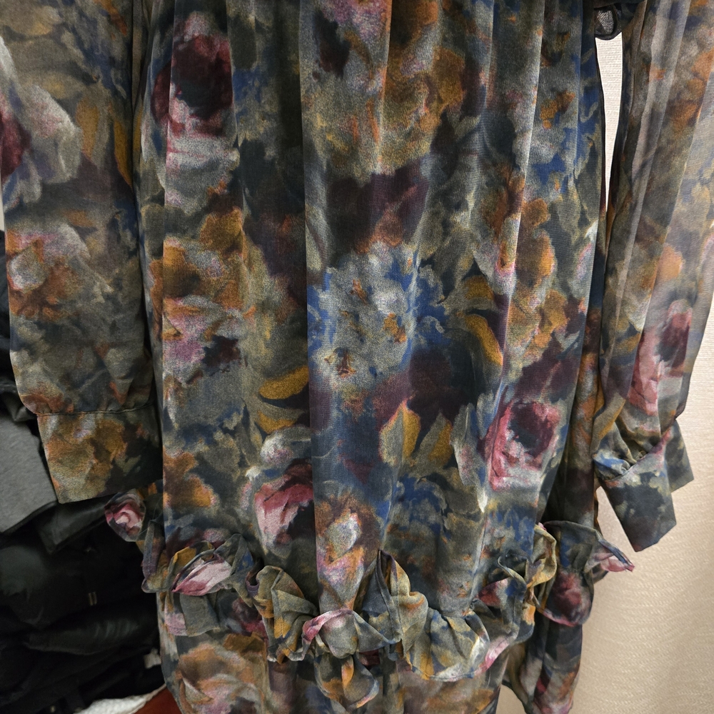 Supertrash Long Sleeve Floral Ruffle Hem Dress - Blue, Pink, Gold